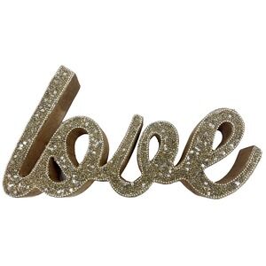 LOVE‎ Wooden Sign Gold Valentine Cursive Handwriting Shelf Decor 12"